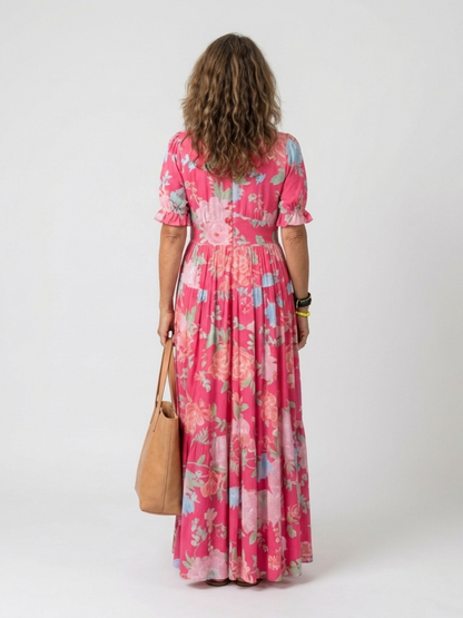 Ione | Korte mouwloze V-hals bloemen midi-jurk