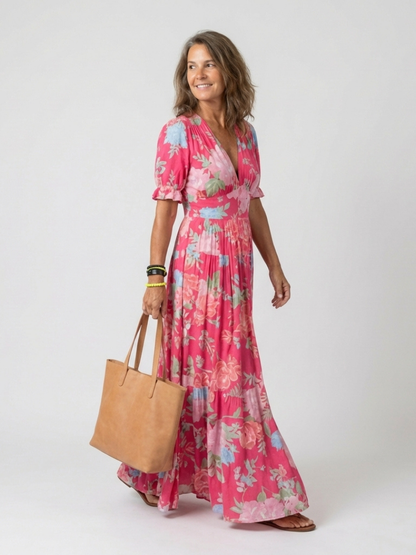 Ione | Korte mouwloze V-hals bloemen midi-jurk