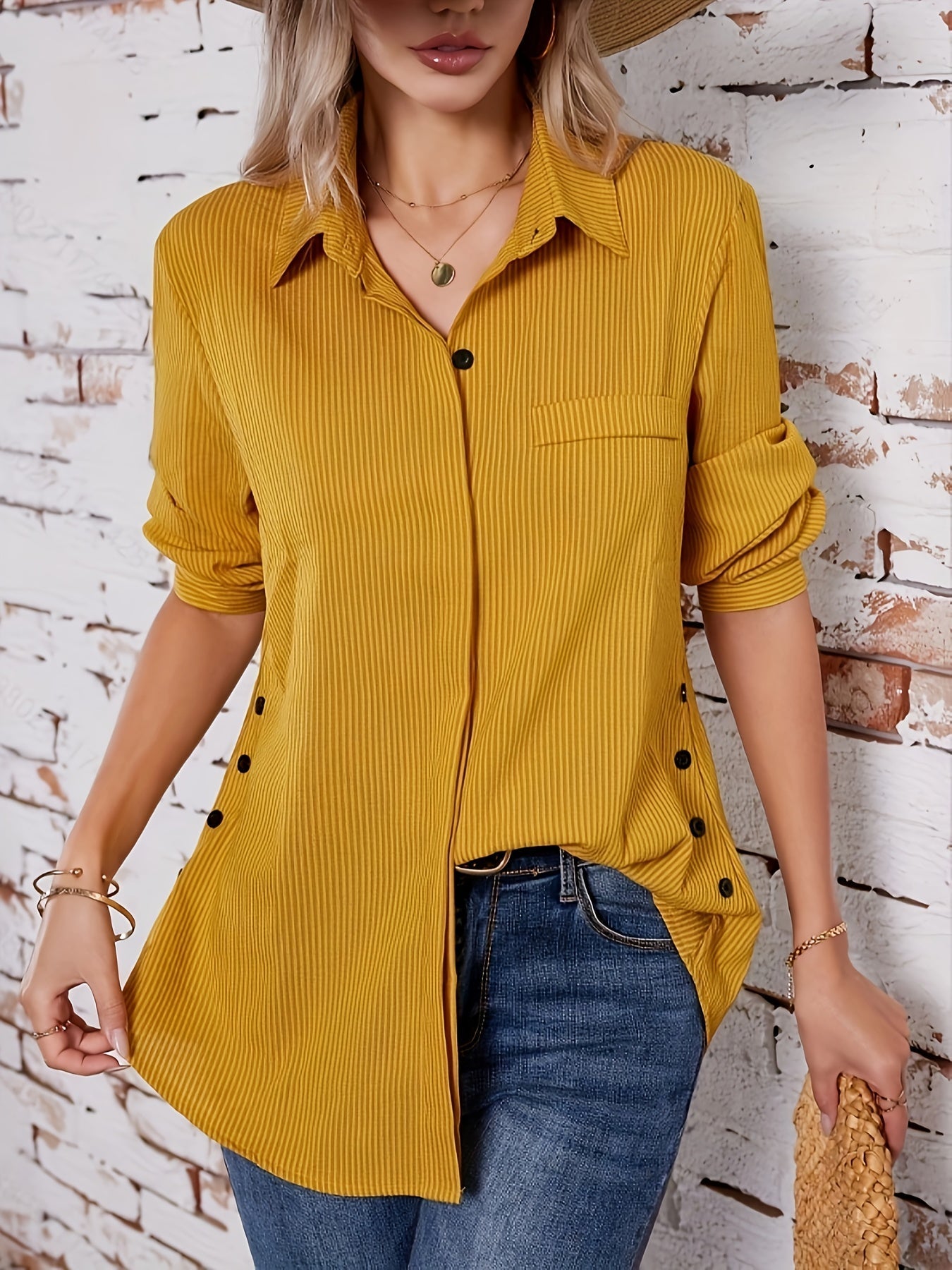 Effen Blouse met Zijknopen - Opgerolde Mouwen & Opaque Pasvorm