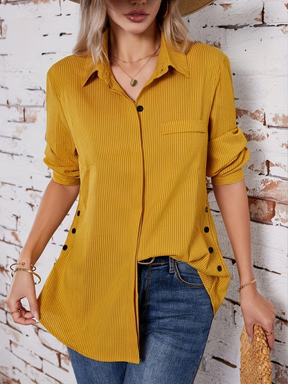 Effen Blouse met Zijknopen - Opgerolde Mouwen & Opaque Pasvorm
