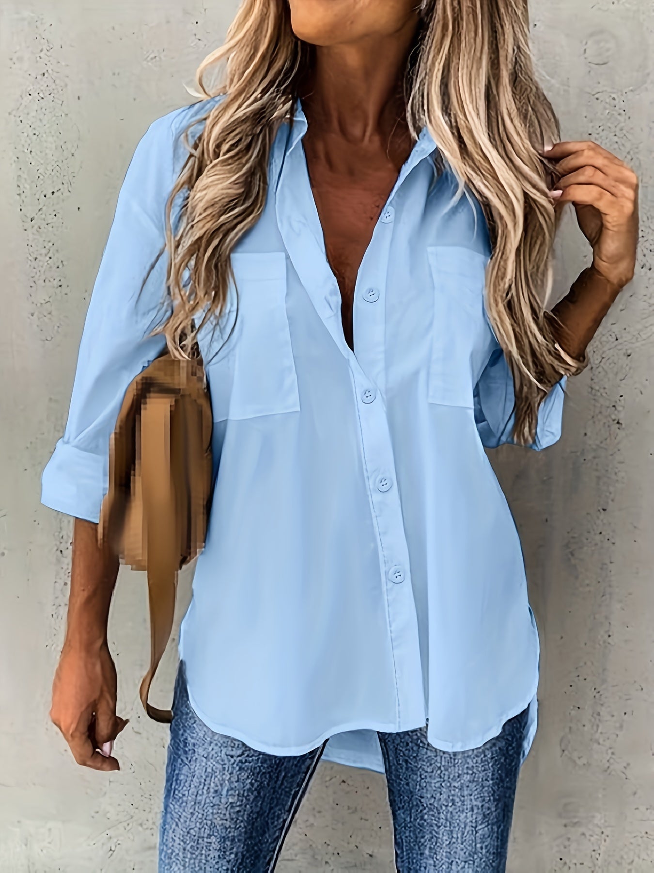 Effen Kleur Shirt - Knopen Ontwerp & Borstzak