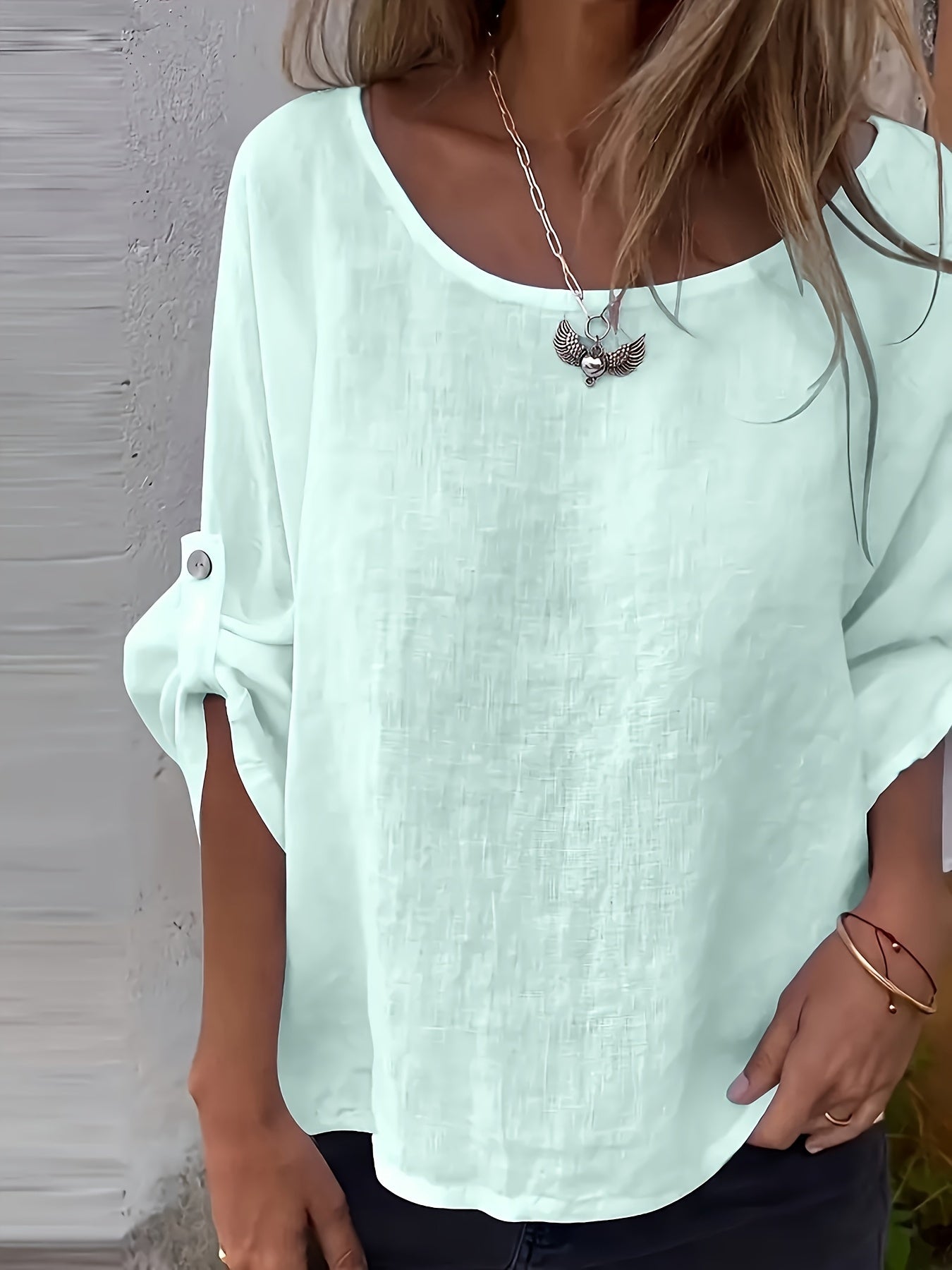Effen Ronde Hals Blouse - 3/4 Mouw Ontwerp & Verstelbare Pasvorm
