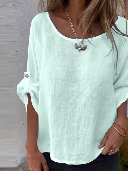 Effen Ronde Hals Blouse - 3/4 Mouw Ontwerp & Verstelbare Pasvorm