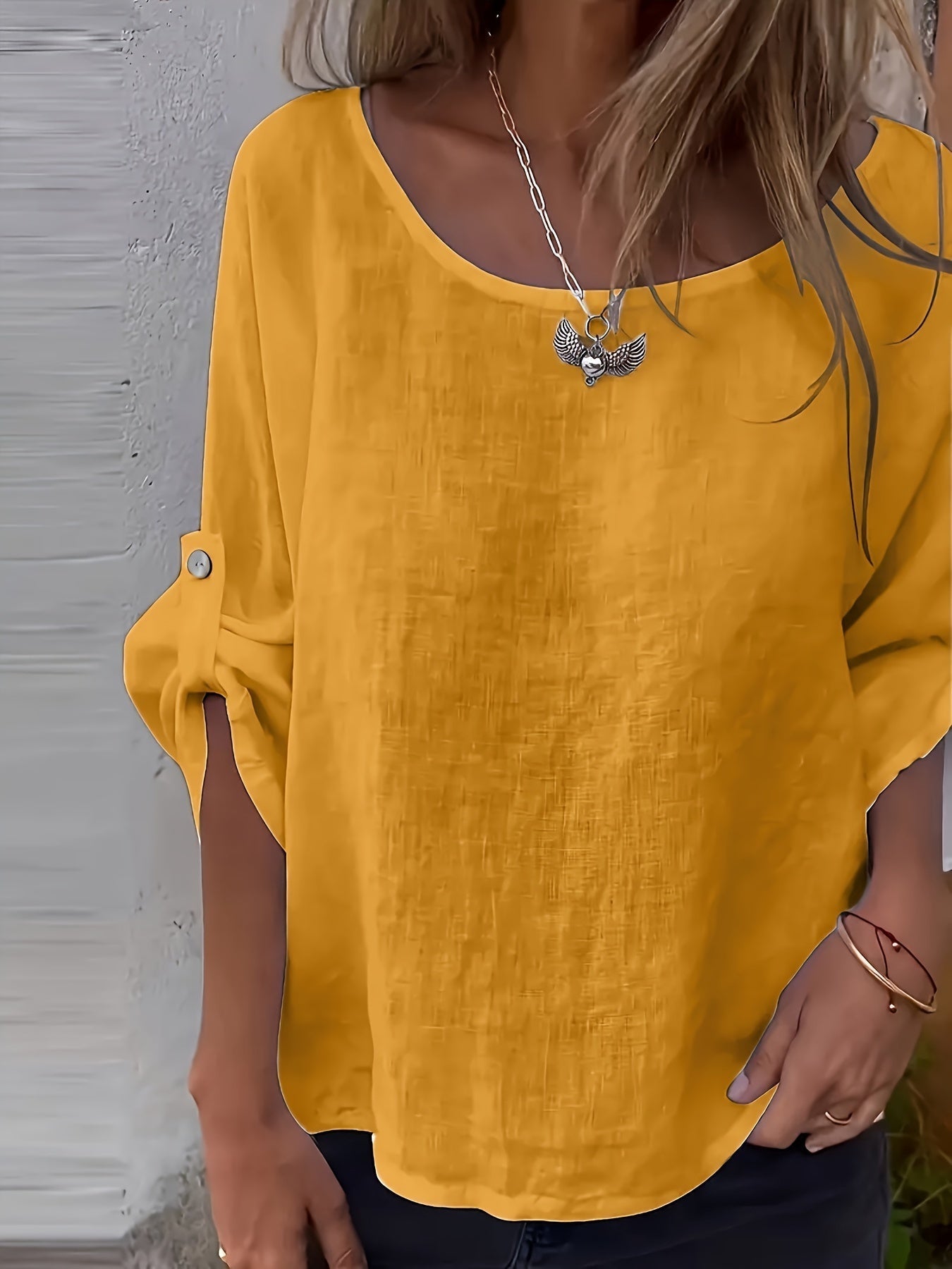 Effen Ronde Hals Blouse - 3/4 Mouw Ontwerp & Verstelbare Pasvorm