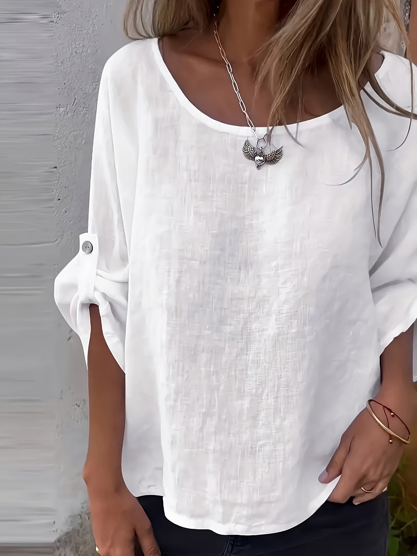 Effen Ronde Hals Blouse - 3/4 Mouw Ontwerp & Verstelbare Pasvorm