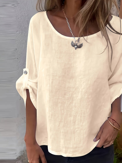 Effen Ronde Hals Blouse - 3/4 Mouw Ontwerp & Verstelbare Pasvorm