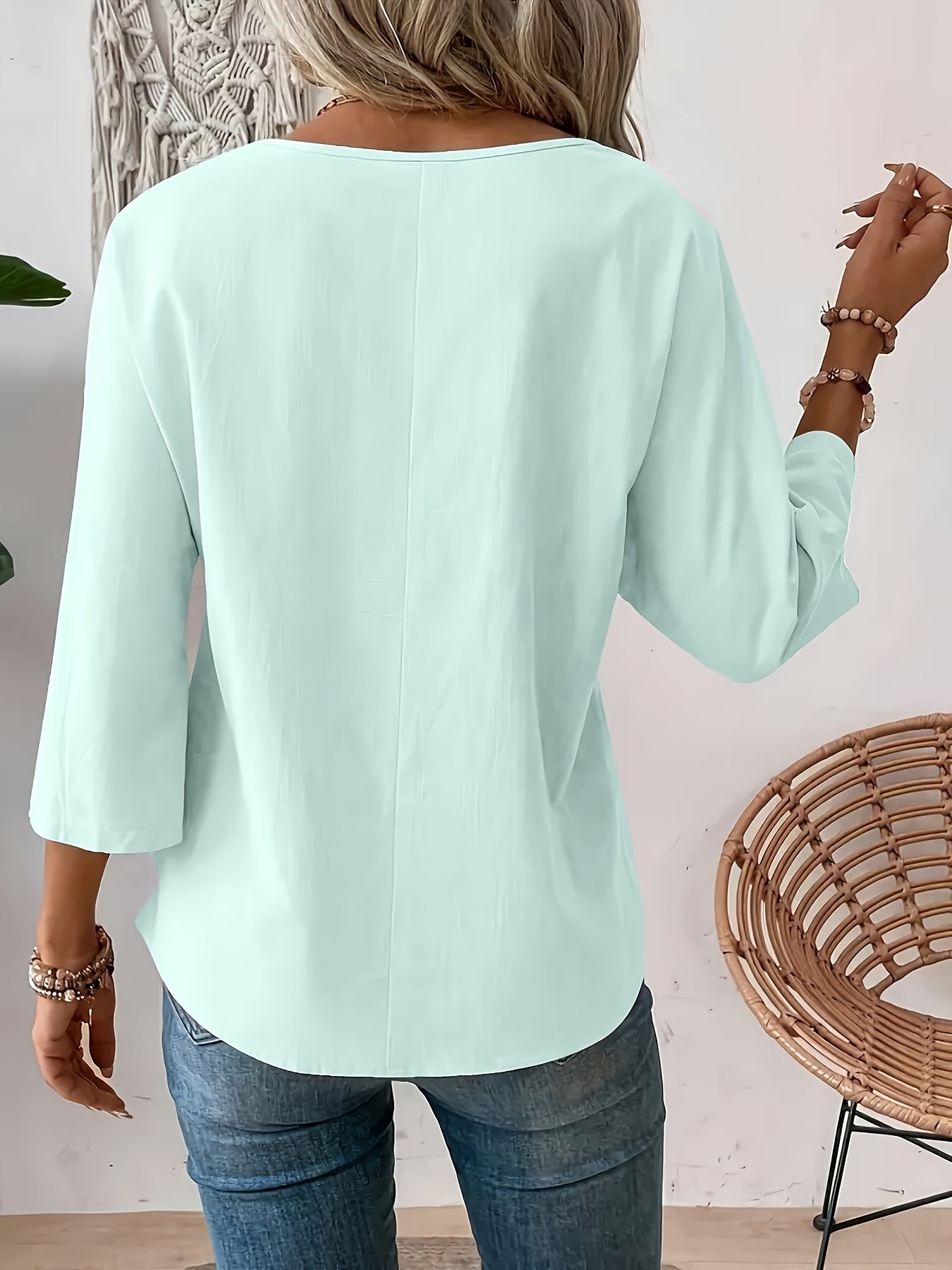 Effen Ronde Hals Blouse - 3/4 Mouw Ontwerp & Verstelbare Pasvorm