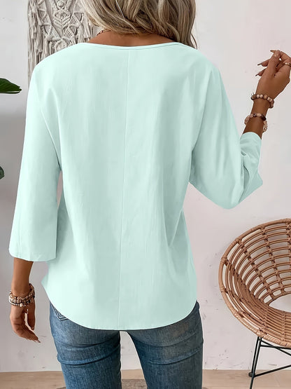 Effen Ronde Hals Blouse - 3/4 Mouw Ontwerp & Verstelbare Pasvorm