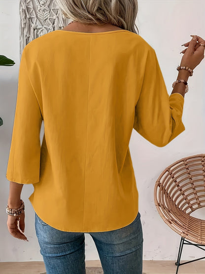 Effen Ronde Hals Blouse - 3/4 Mouw Ontwerp & Verstelbare Pasvorm