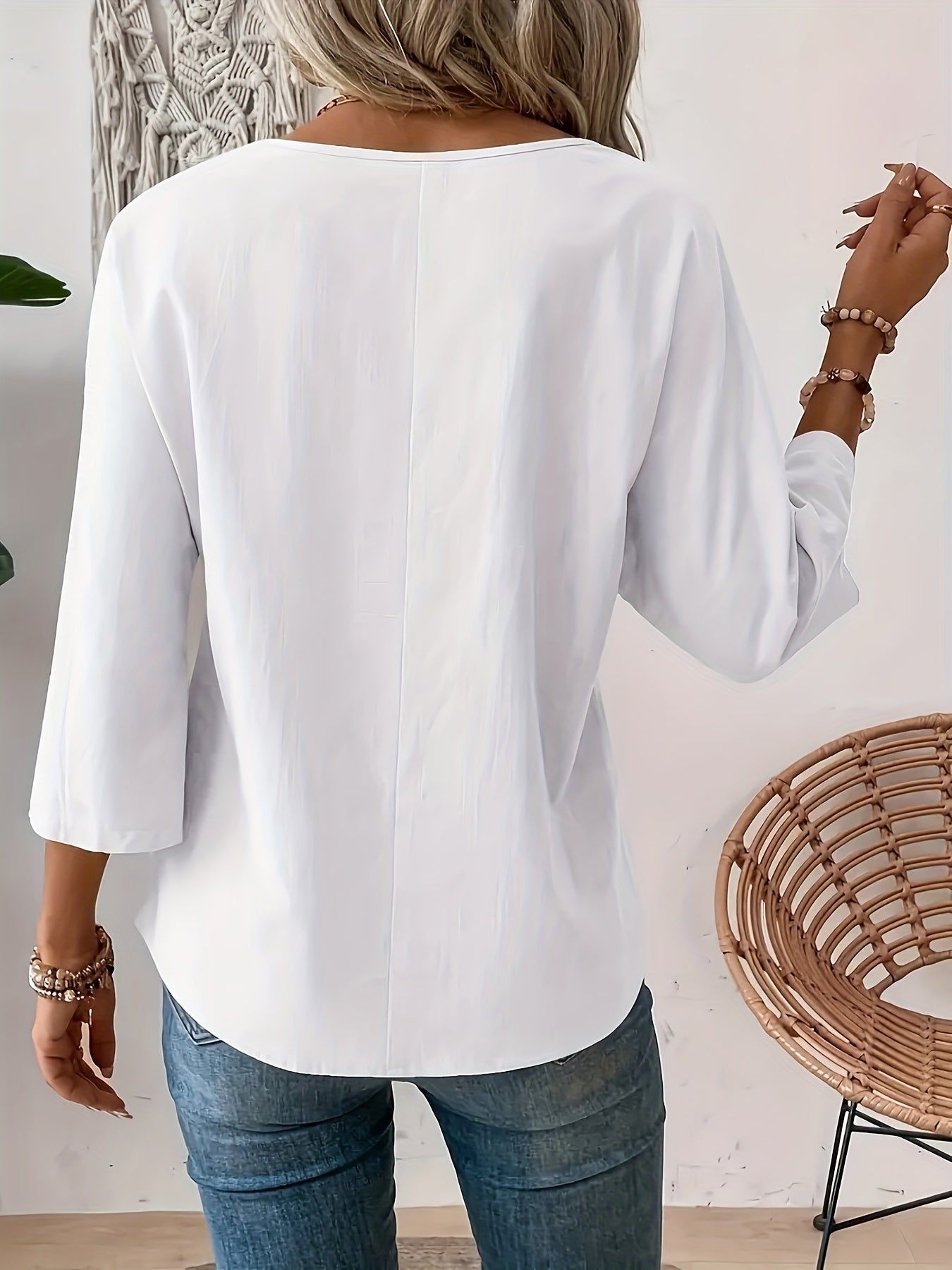 Effen Ronde Hals Blouse - 3/4 Mouw Ontwerp & Verstelbare Pasvorm