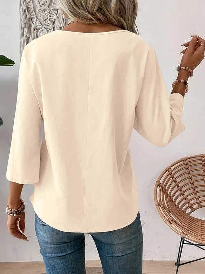 Effen Ronde Hals Blouse - 3/4 Mouw Ontwerp & Verstelbare Pasvorm