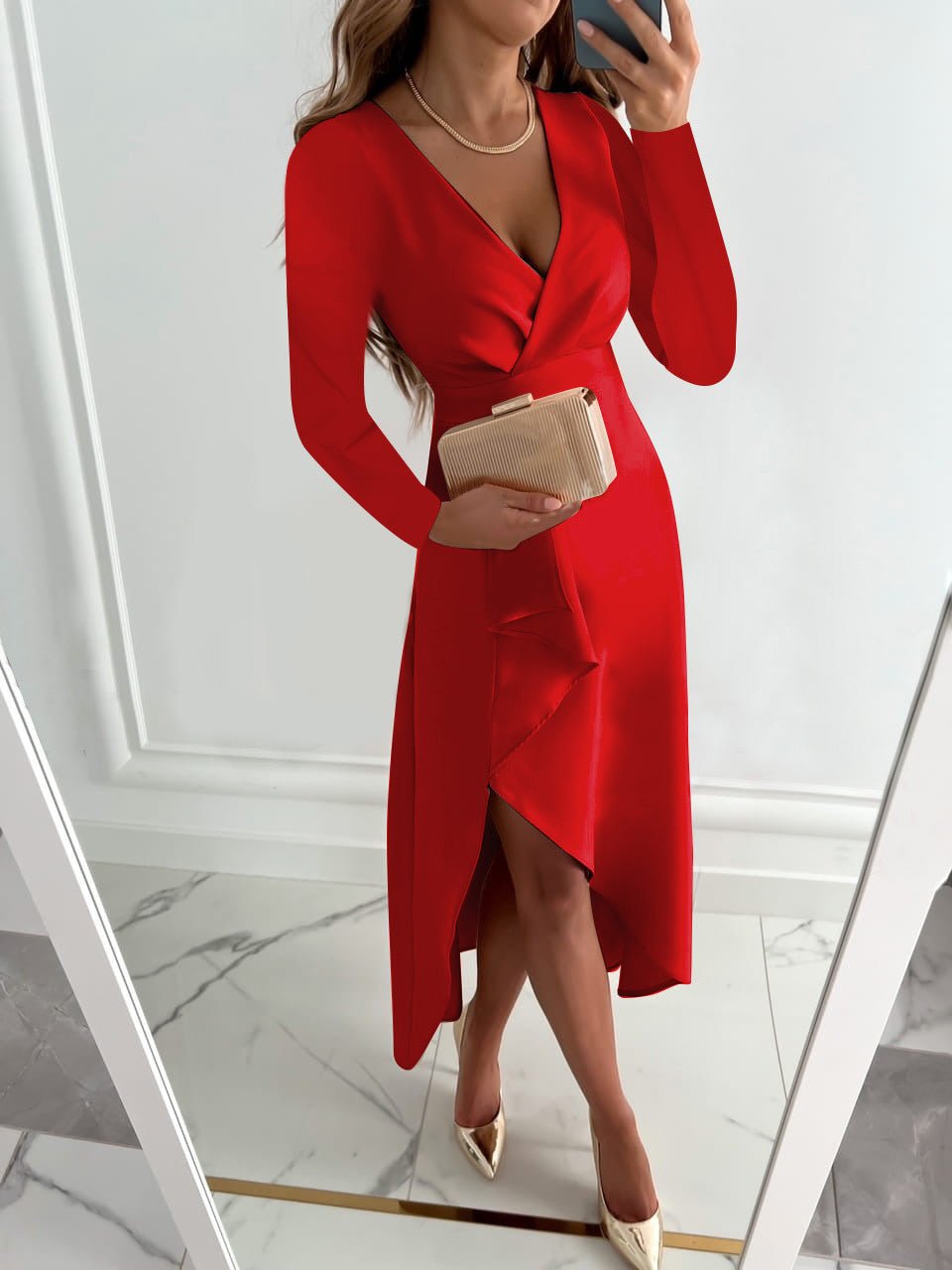 Jurey™ – Elegante Midi-jurk met V-hals en Splitontwerp