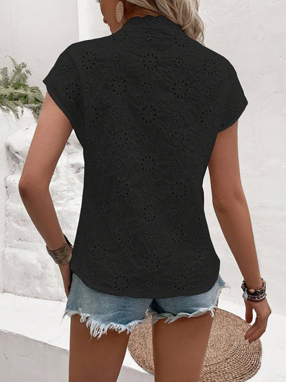 Eyelet Borduursel V-Hals Blouse - Korte Mouwen & Knopen