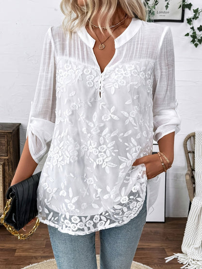 Geborduurde Blouse - Bloemmotief & Lange Mouwen Ontwerp