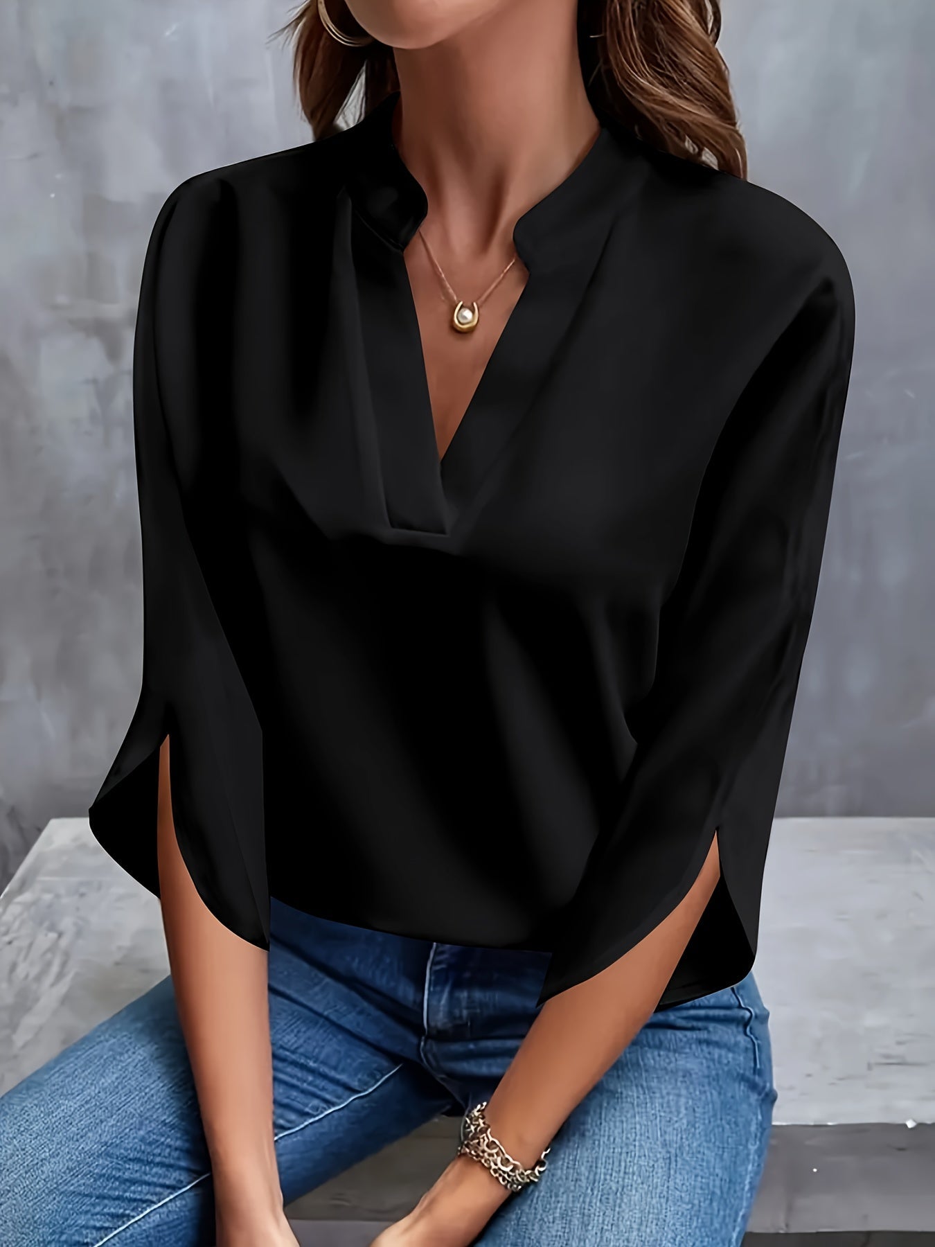 Geknipte Blouse - 3/4 Gesplitste Mouwen & Half Transparant Ontwerp