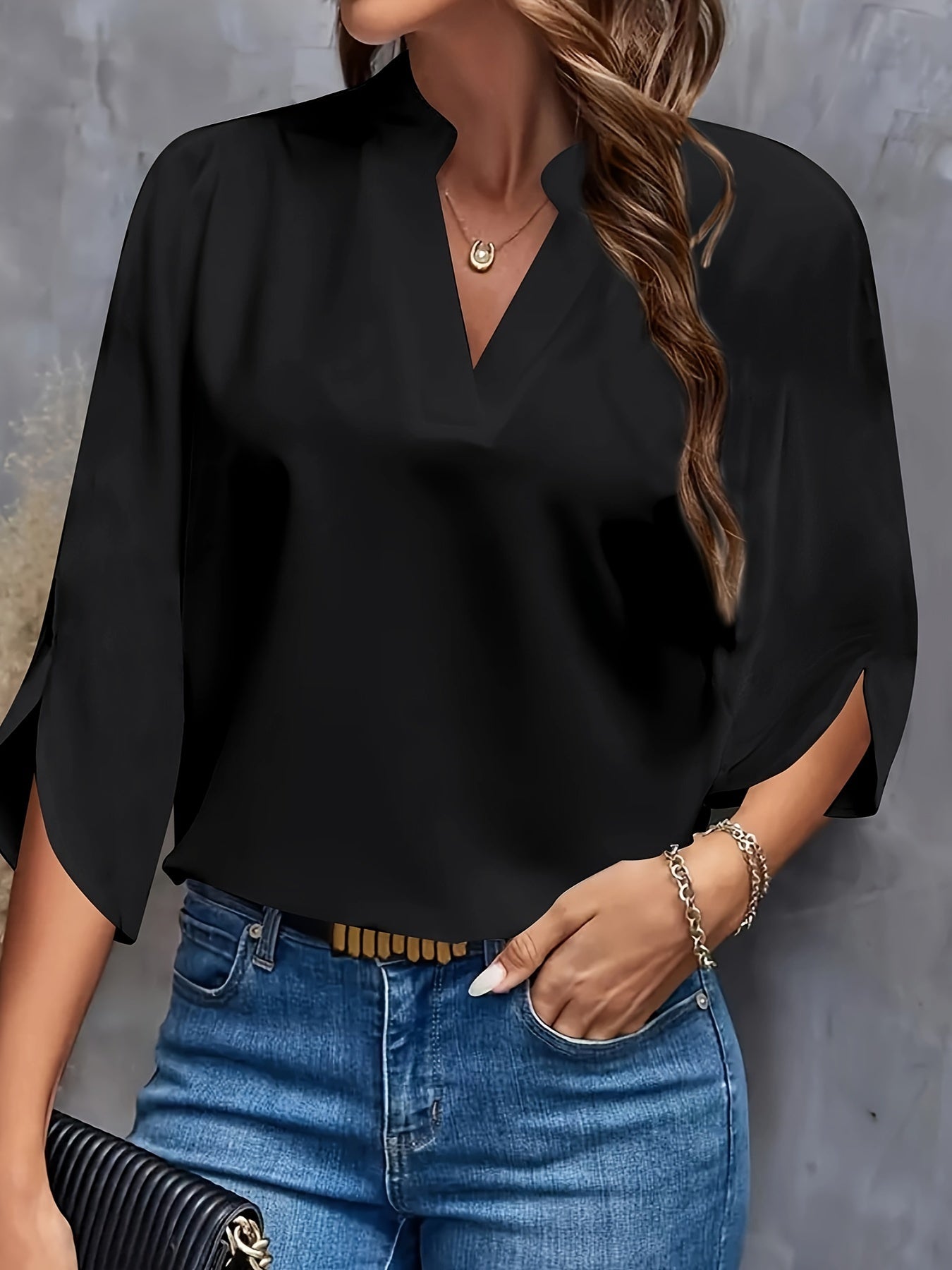 Geknipte Blouse - 3/4 Gesplitste Mouwen & Half Transparant Ontwerp