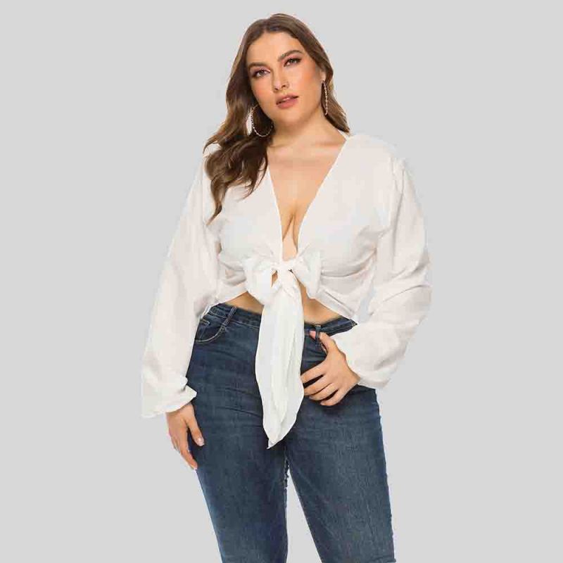 Geknoopte Flared Mouwen Blouse - Doorzichtig & Open Voorzijde