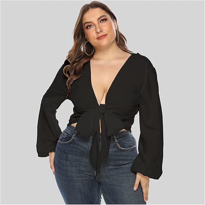 Geknoopte Flared Mouwen Blouse - Doorzichtig & Open Voorzijde