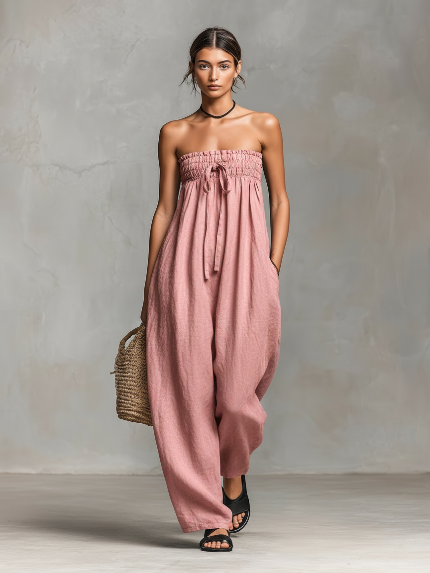 Ashley | Losse Lijnmix Strapless Tie Jumpsuit