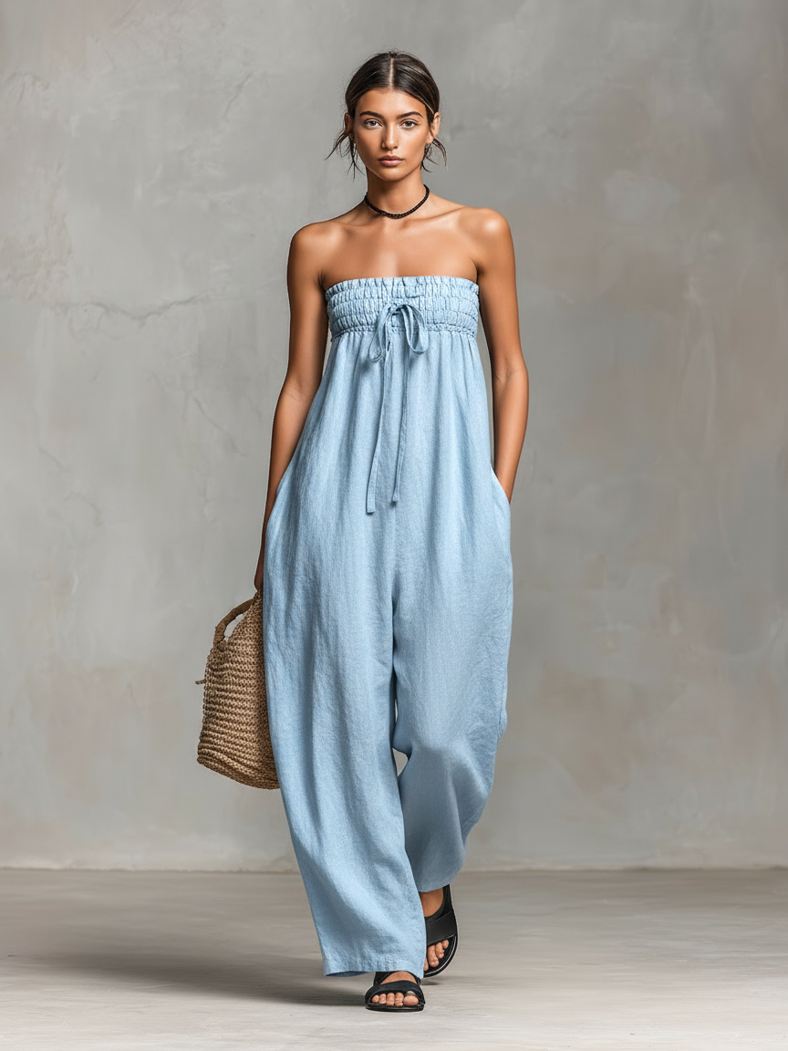 Ashley | Losse Lijnmix Strapless Tie Jumpsuit