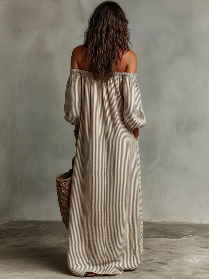 Carmen | Lange jurk van katoen en linnen met off-the-shoulder ontwerp