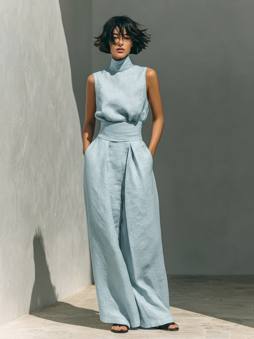 Dames Minimalistische Katoen en Linnen Blend Mouwloze Blouse en Brede Pantalon Set MDZ0873A5Y