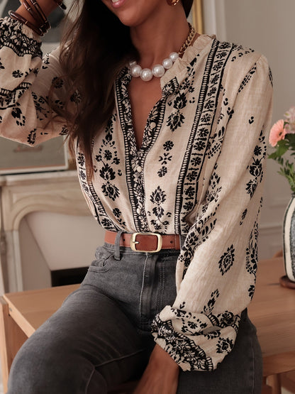 Geprinte Losse Blouse - Bloemenontwerp & Lantaenmouwen
