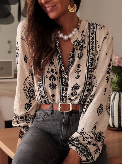 Geprinte Losse Blouse - Bloemenontwerp & Lantaenmouwen