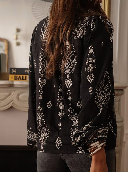 Geprinte Losse Blouse - Bloemenontwerp & Lantaenmouwen