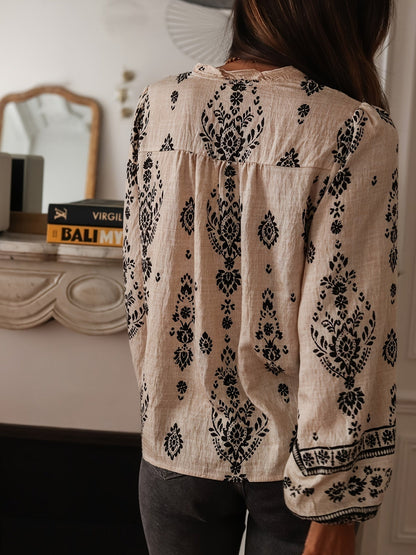 Geprinte Losse Blouse - Bloemenontwerp & Lantaenmouwen