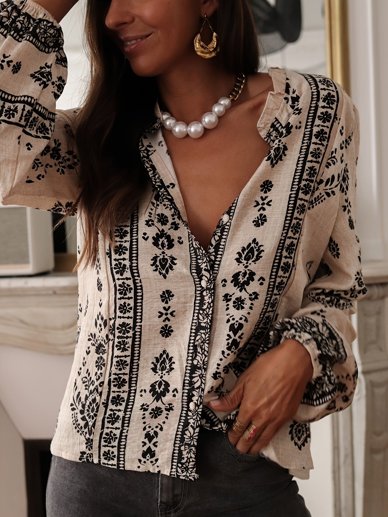 Geprinte Losse Blouse - Bloemenontwerp & Lantaenmouwen