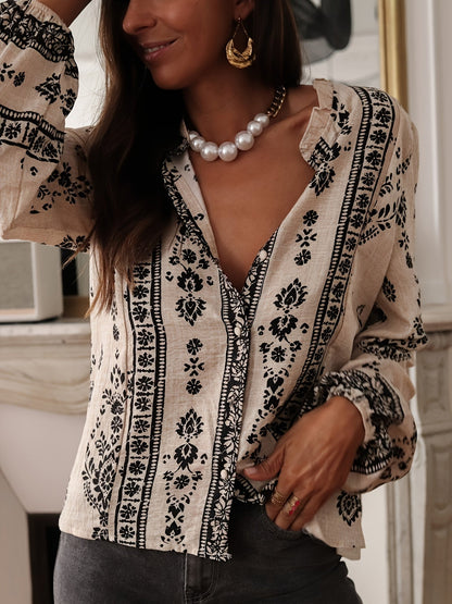 Geprinte Losse Blouse - Bloemenontwerp & Lantaenmouwen