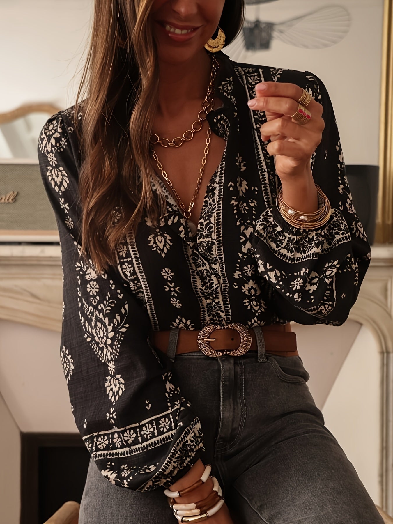 Geprinte Losse Blouse - Bloemenontwerp & Lantaenmouwen