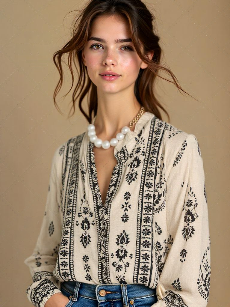 Geprinte Losse Blouse - Bloemenontwerp & Lantaenmouwen
