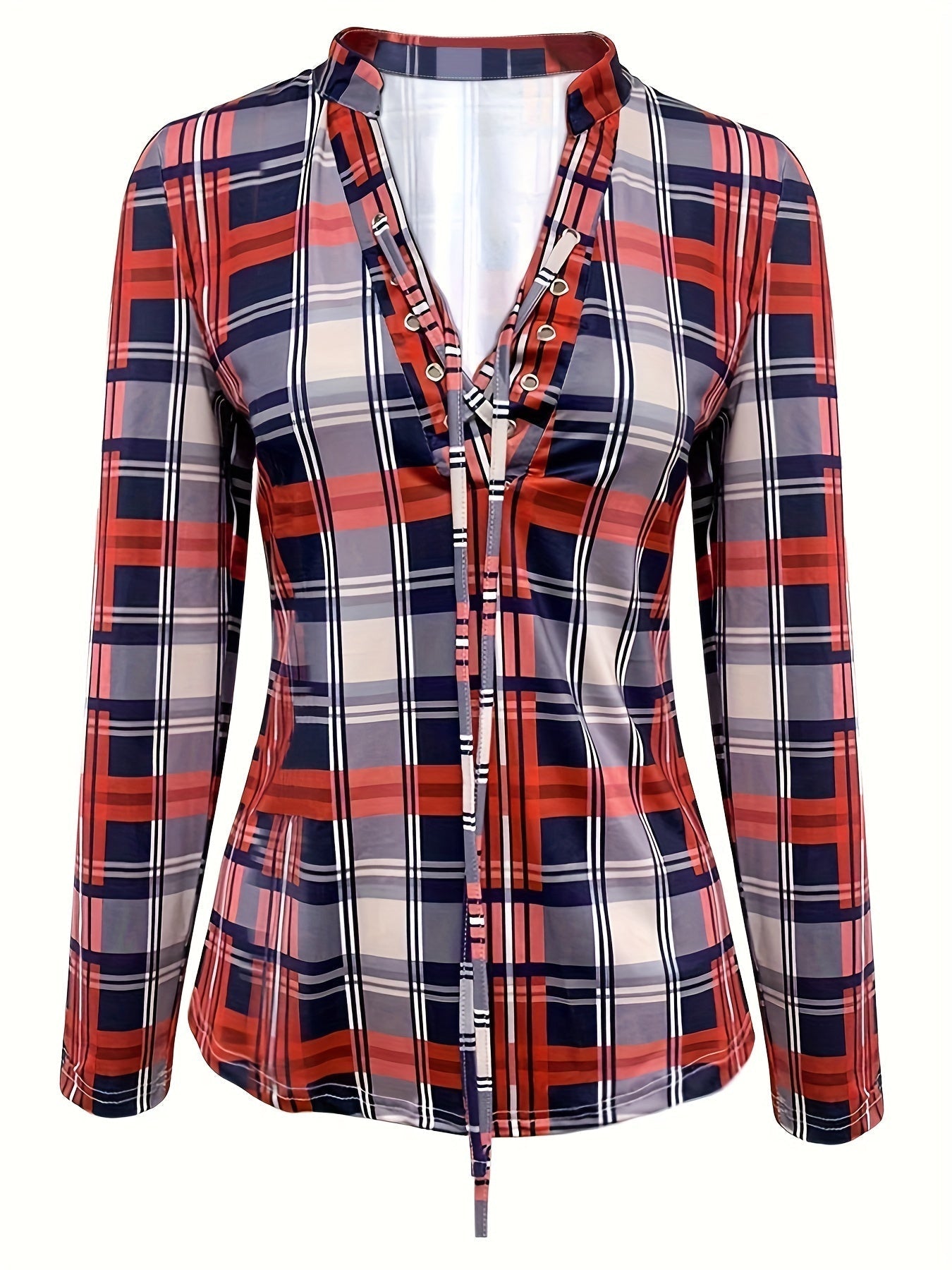 Geruite Trekkoord Blouse - V-Hals Ontwerp en Lange Mouwen