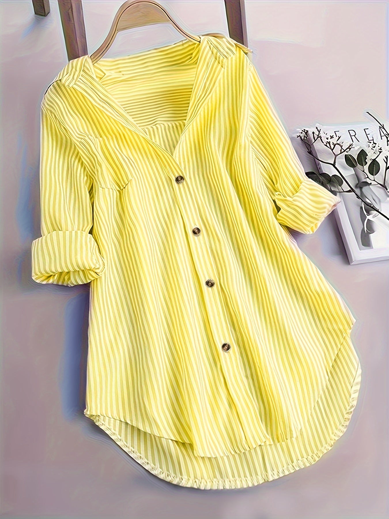 Gestreepte Blouse - Lange Mouwen & Reverskraag Met Knopen