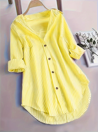Gestreepte Blouse - Lange Mouwen & Reverskraag Met Knopen