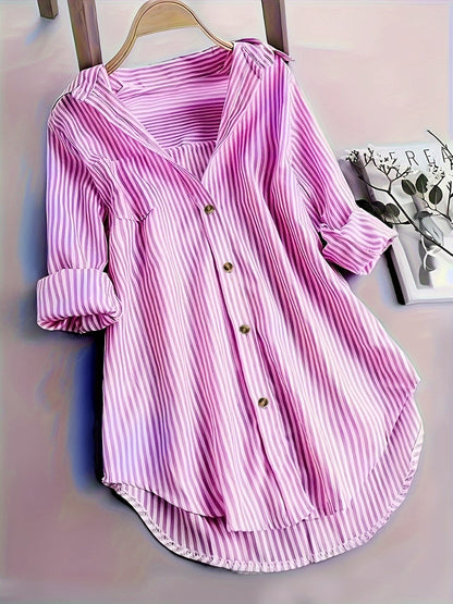 Gestreepte Blouse - Lange Mouwen & Reverskraag Met Knopen