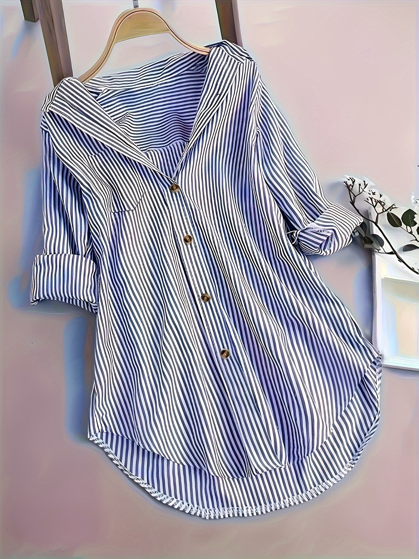 Gestreepte Blouse - Lange Mouwen & Reverskraag Met Knopen