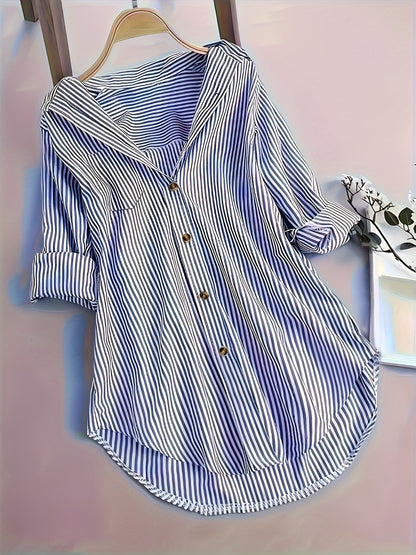 Gestreepte Blouse - Lange Mouwen & Reverskraag Met Knopen
