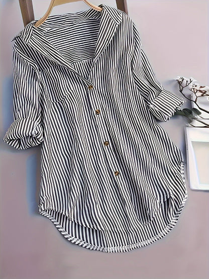 Gestreepte Blouse - Lange Mouwen & Reverskraag Met Knopen