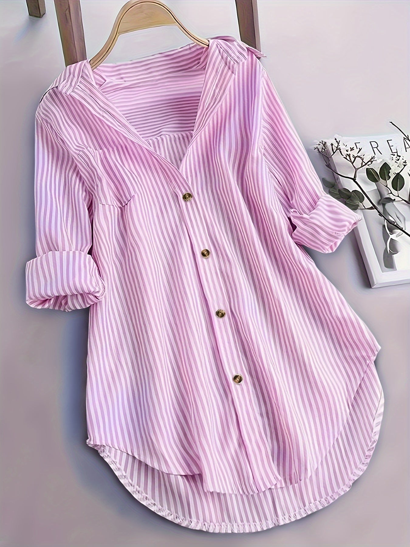 Gestreepte Blouse - Lange Mouwen & Reverskraag Met Knopen