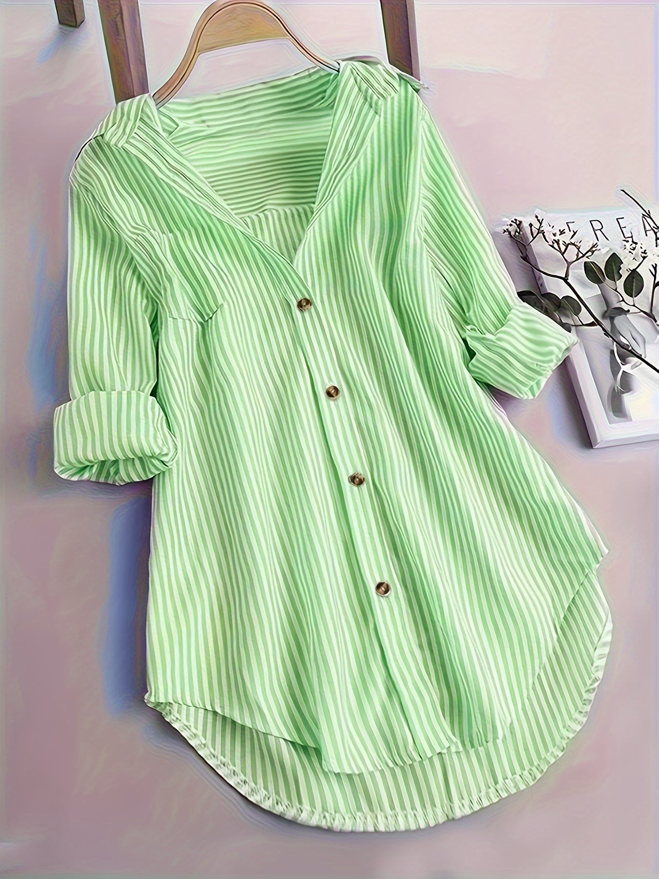 Gestreepte Blouse - Lange Mouwen & Reverskraag Met Knopen