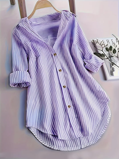 Gestreepte Blouse - Lange Mouwen & Reverskraag Met Knopen