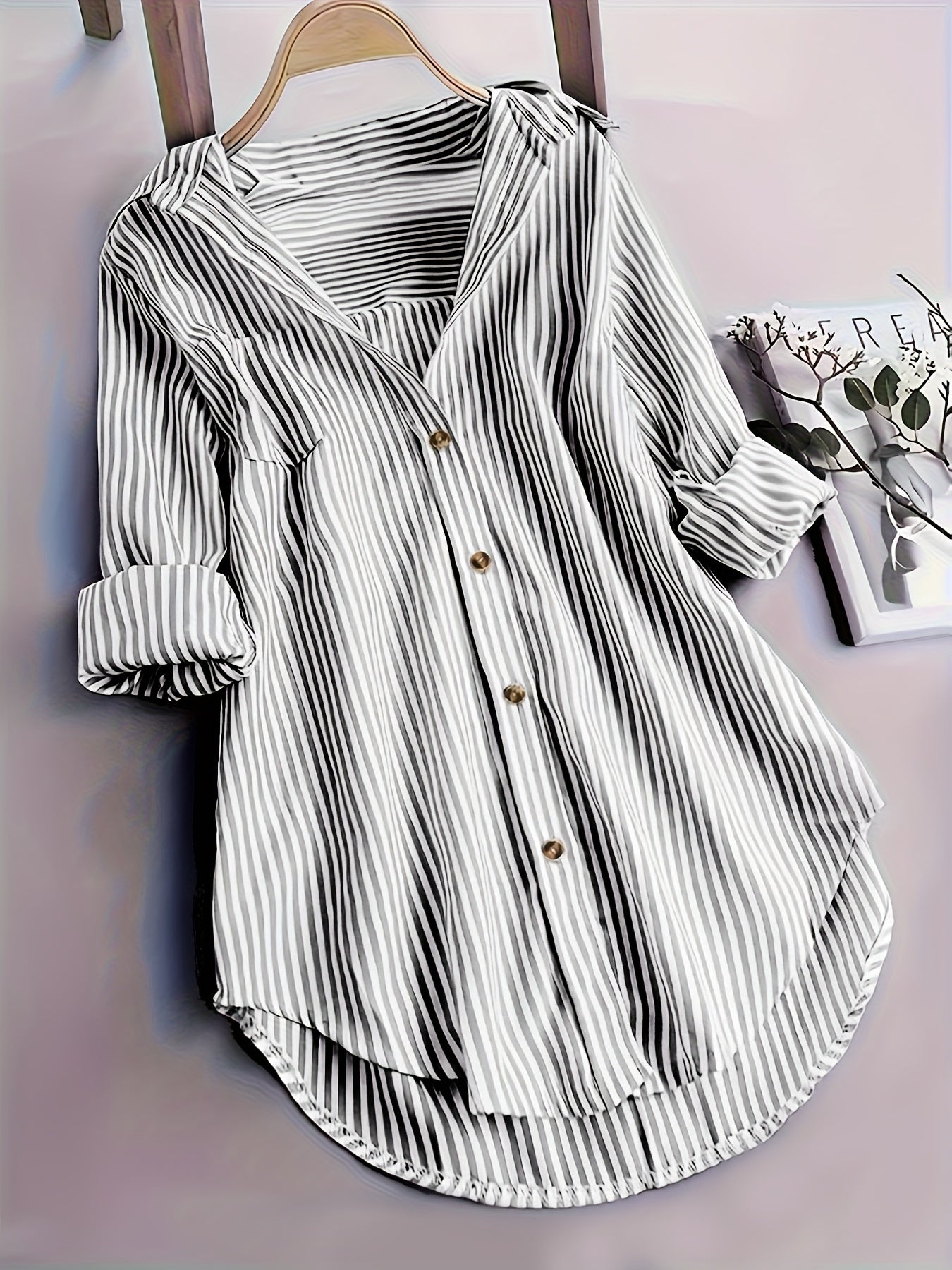 Gestreepte Blouse - Lange Mouwen & Reverskraag Met Knopen