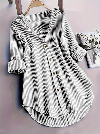 Gestreepte Blouse - Lange Mouwen & Reverskraag Met Knopen