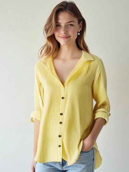 Gestreepte Blouse - Lange Mouwen & Reverskraag Met Knopen