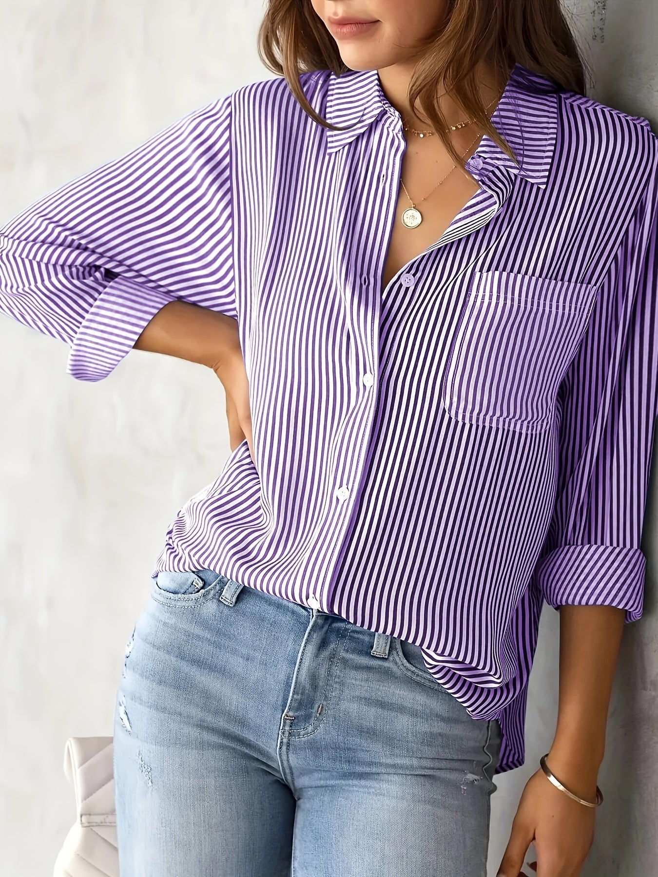 Gestreepte Knopen Voorkant Shirt - Borstzak & Relaxte Pasvorm