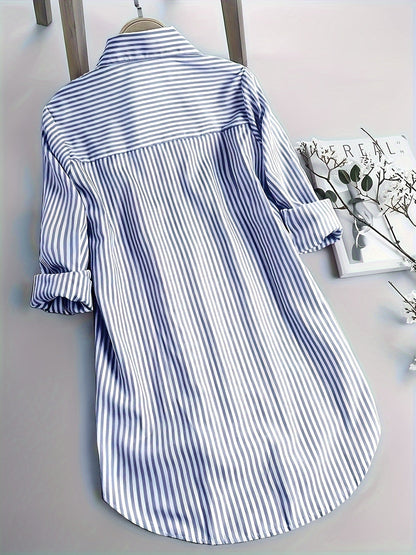 Gestreepte Shirt Met Knopen Vooraan - Curved Hem & Lange Mouwen