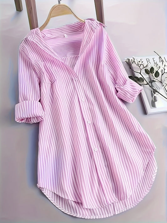 Gestreepte Shirt Met Knopen Vooraan - Curved Hem & Lange Mouwen